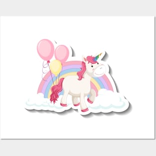 Cute unicorn with rainbow and clouds white Posters and Art